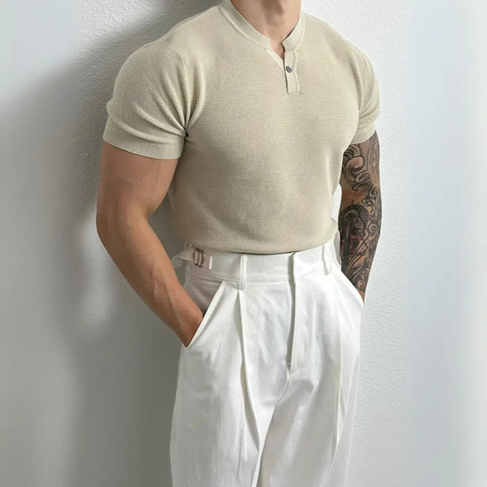 Men's Henry Collar Slim Fit Knitted T-shirt –  Leisure Style | Old Money Pullover Prendersons