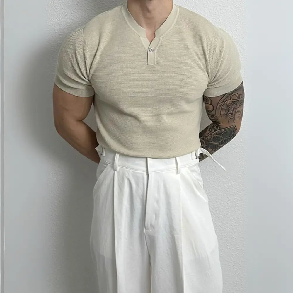 Men's Henry Collar Slim Fit Knitted T-shirt –  Leisure Style | Old Money Pullover Prendersons