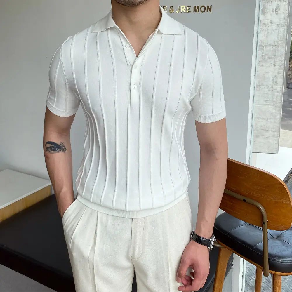 Slim Fit Striped Polo Collar Sweater – Light Blue & White | Leisure Essential | Old Money Menswear Prendersons