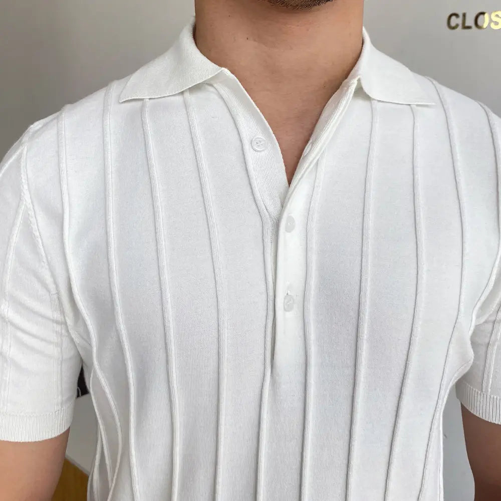 Slim Fit Striped Polo Collar Sweater – Light Blue & White | Leisure Essential | Old Money Menswear Prendersons
