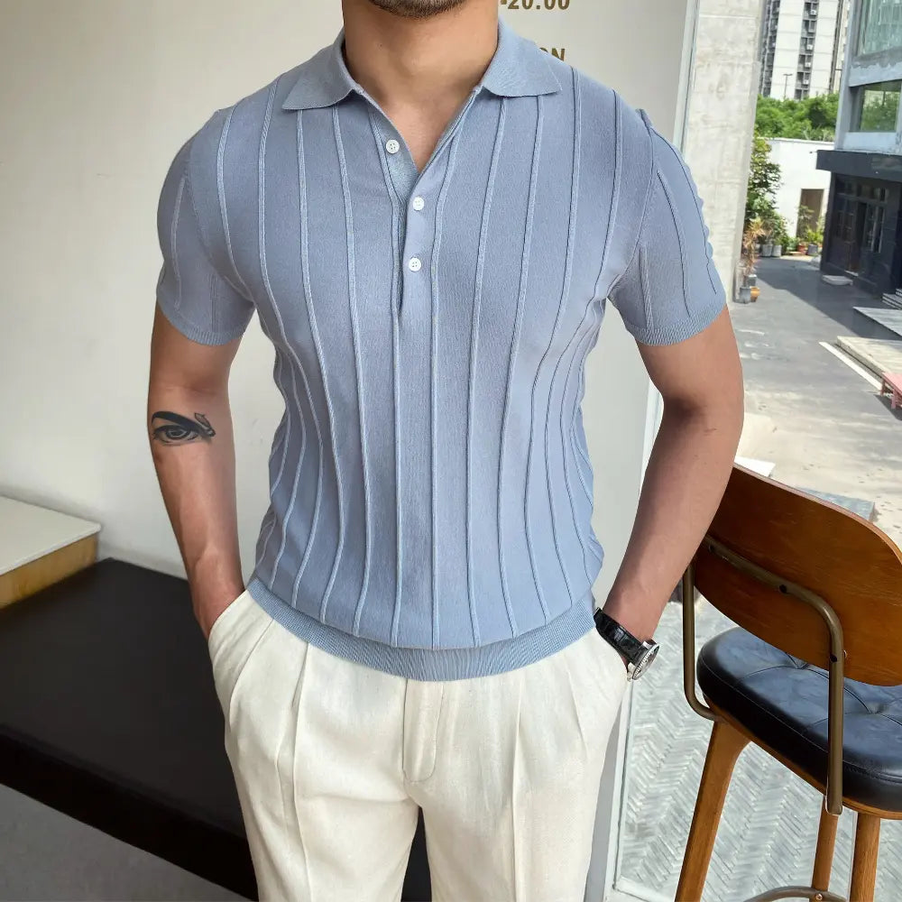 Slim Fit Striped Polo Collar Sweater – Light Blue & White | Leisure Essential | Old Money Menswear Prendersons