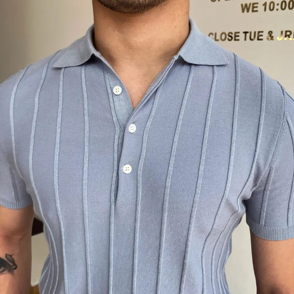 Slim Fit Striped Polo Collar Sweater – Light Blue & White | Leisure Essential | Old Money Menswear Prendersons